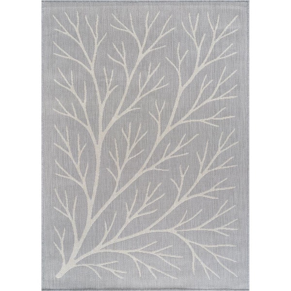 Flora Gray 6 ft. x 9 ft. Coral Branch Washable Indoor Outdoor Area Rug