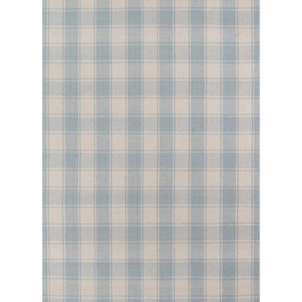 Light Blue and Ivory Handwoven Wool Plaid Area Rug 5' x 8'