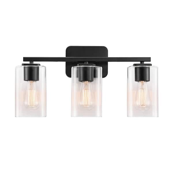 KAWOTI 21 in. 3-Light Black Clemmon Vanity Light with Square Glass Shade