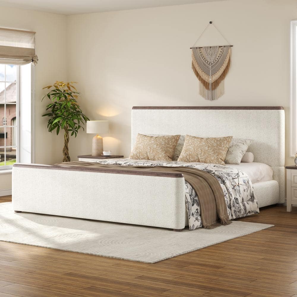White Wood Frame King Upholstered Platform Bed with Padded Headboard price history on PriceWatchPro