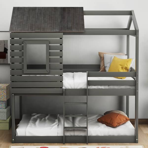 Polibi Gray Twin Over Twin Bunk Bed Wood Loft Bed with Roof, Window, Guardrail, Ladder