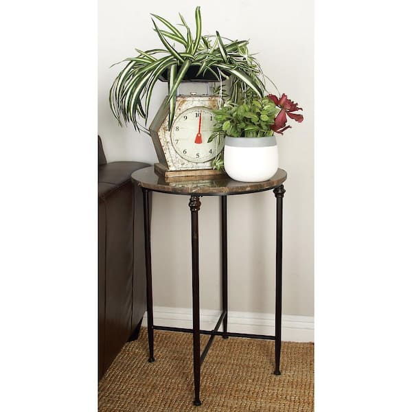 Litton Lane 18 in. Black Large Round Marble End Accent Table with Marble Top