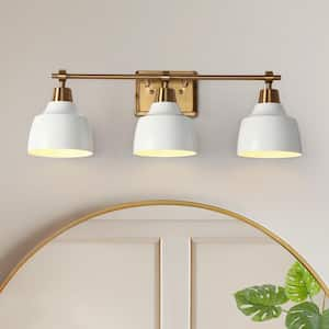 22 in. 3-Light Modern White Vanity Light with Plating Gold Rectangle Backplate and Bell Metal Shade for Bathroom