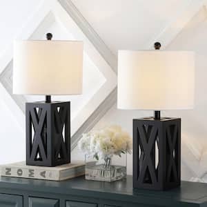 Stewart 21.5 in. Black Farmhouse Wood LED Table Lamp Set with Linen Shade and Wood Base  (Set of 2)