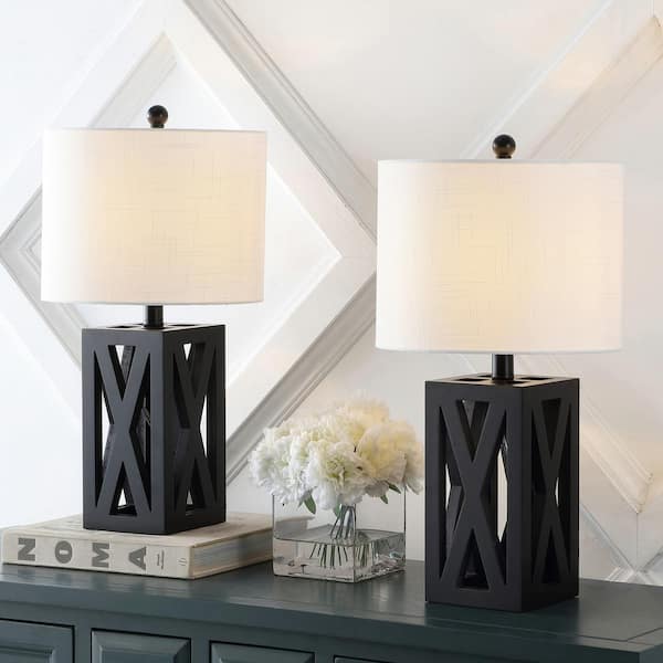 Stewart 21.5 in. Black Farmhouse Wood LED Table Lamp Set with Linen Shade and Wood Base (Set of 2)
