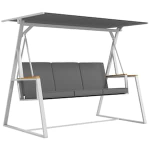 3-Person Gray Metal Patio Swing with Adjustable Canopy Removable Cushions and Breathable Mesh Seat