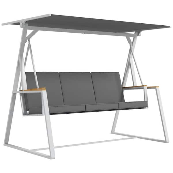 Outsunny 3-Person Gray Metal Patio Swing with Adjustable Canopy Removable Cushions and Breathable Mesh Seat