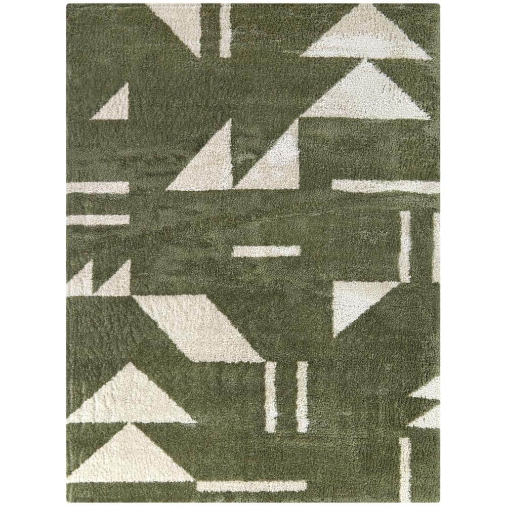 Green and White Geometric Synthetic Rectangular Area Rug