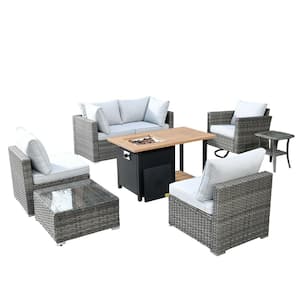 Daffodil Y Gray 8-Piece Wicker Patio Storage Fire Pit Conversation Set with a Swivel Rocking Chair and Gray Cushions