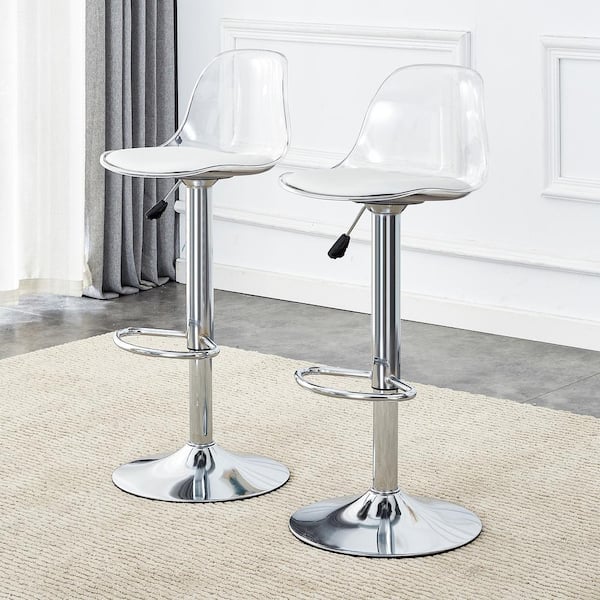 24 in. to 32 in. H Silver Low Back Metal Adjustable Bar Stool with PU Leather Seat, 360° Swivel(Set of 2)