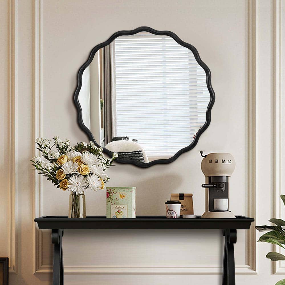 31 in. W x 31 in. H Solid Wood Round Framed Black Mirror Wall Decor for Bat
