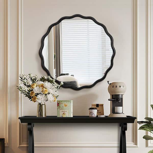 Unbranded 31 in. W x 31 in. H Solid Wood Round Framed Black Mirror Wall Decor for Bathroom