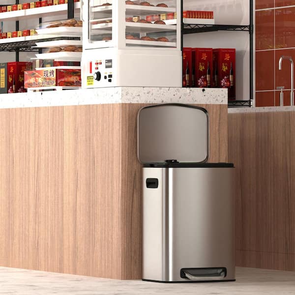 50L/13.2 Gal. Silver Stainless Steel Kitchen/Bathroom Foot Pedal Operated Soft Close Trash Can with 30 Garbage Bags