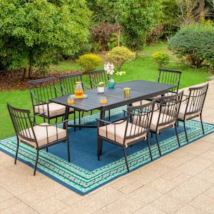 9-Piece Metal Outdoor Dining Set with Extensible Rectangular Slat Table and Stylish Chairs with Beige Cushions