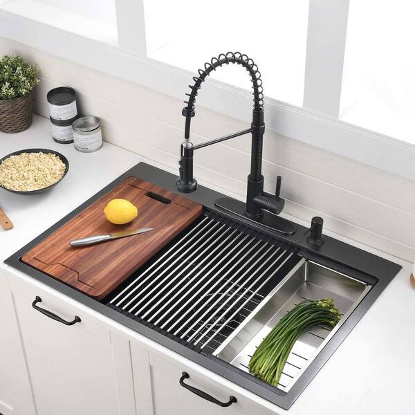 SHACO Unterbau-Spüle 38,1x38,1 Cm – Schwarze Edelstahl-Workstation Mit Schneidebrett
