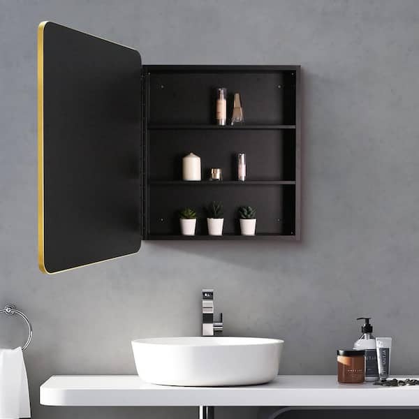 Runesay 24 in. W x 30 in. H Rounded Rectangular Black and Gold Iron Aluminum Recessed/Surface Mount Medicine Cabinet with Mirror
