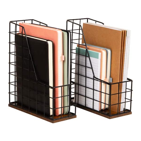 Mind Reader Vertical File Organizer with Wood Base and Black Metal