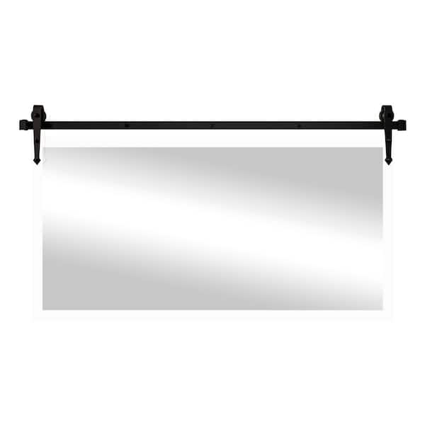 (63 in. W x 30 in. H) Satin White Accent Mirror With Steel Barn Door Rail