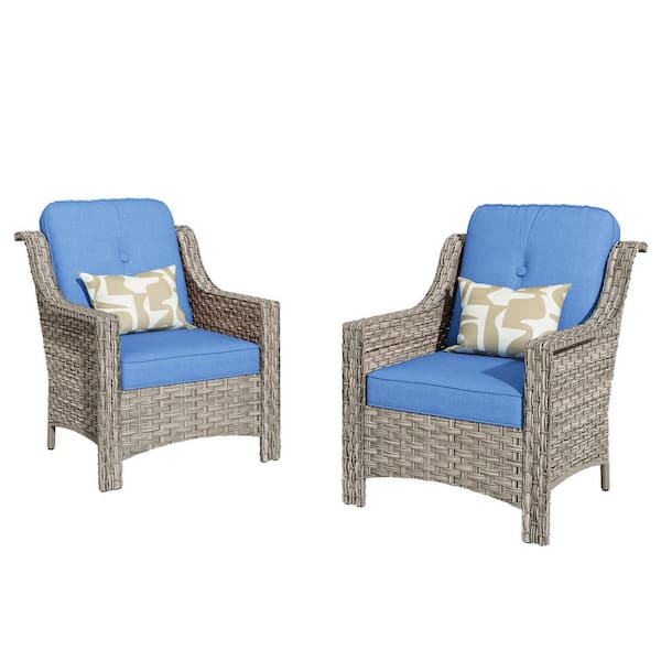 Eureka Gray Modern Wicker Outdoor Lounge Chair Seating Set with Blue Cushions (2-Pack)