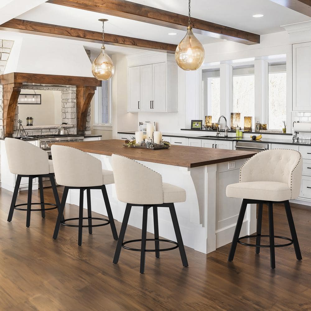 Linen Upholstered Swivel Counter Stools with Metal Legs, Set of 4