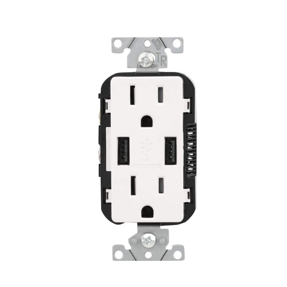 White Tamper Resistant Duplex Outlet with USB Ports