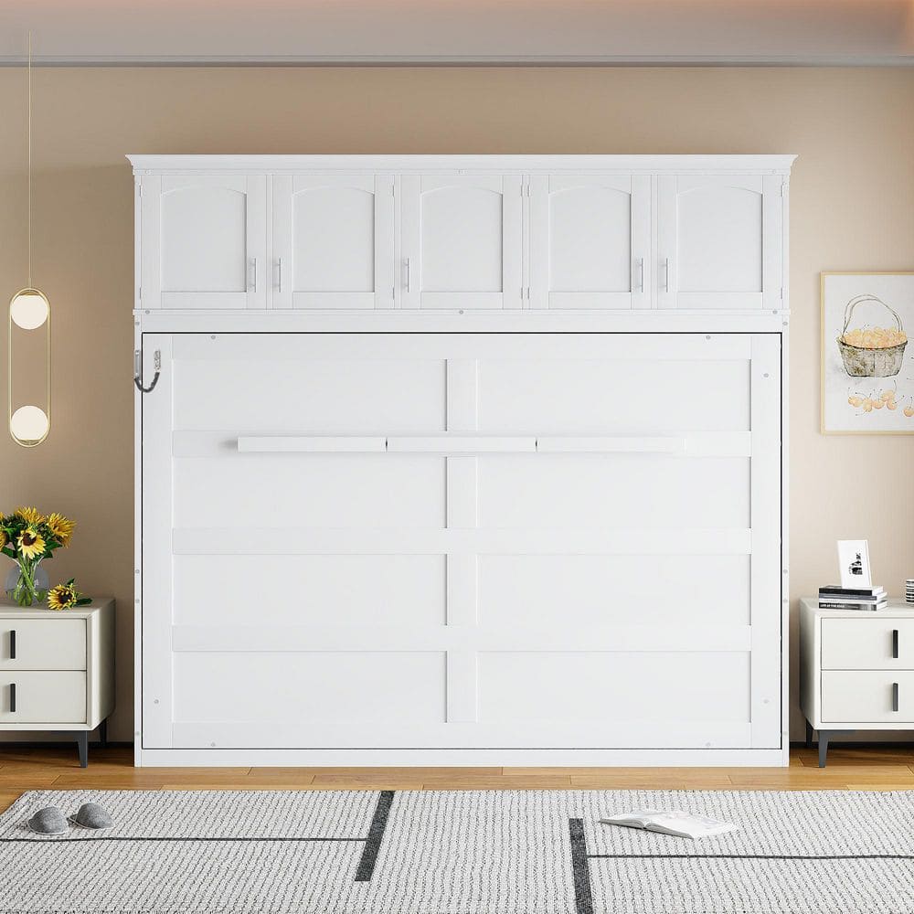 Gray Wood Frame Queen Size Murphy Bed with 5 Top Storage Cabinets - thumbnail 5
