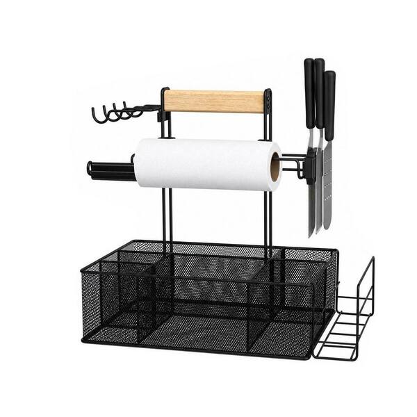 Condiment Storage Caddy Utensil Holders with Paper Holder, Magnetic Tool Holder for Outdoor Grill, RV Camper, Black