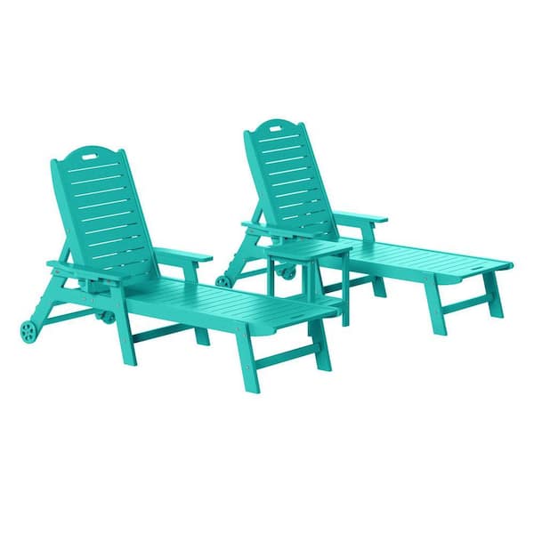 Brighton Outdoor Patio 3-PC Poly Plastic Reclining Chaise Lounge Pool Chairs Set w/ Wheels, Side Table in Turquoise