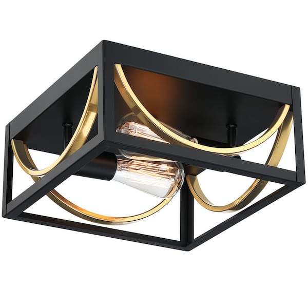 Unbranded 12 in. 2-Light Black Open Cage Farmhouse Ceiling Light Flush Mount