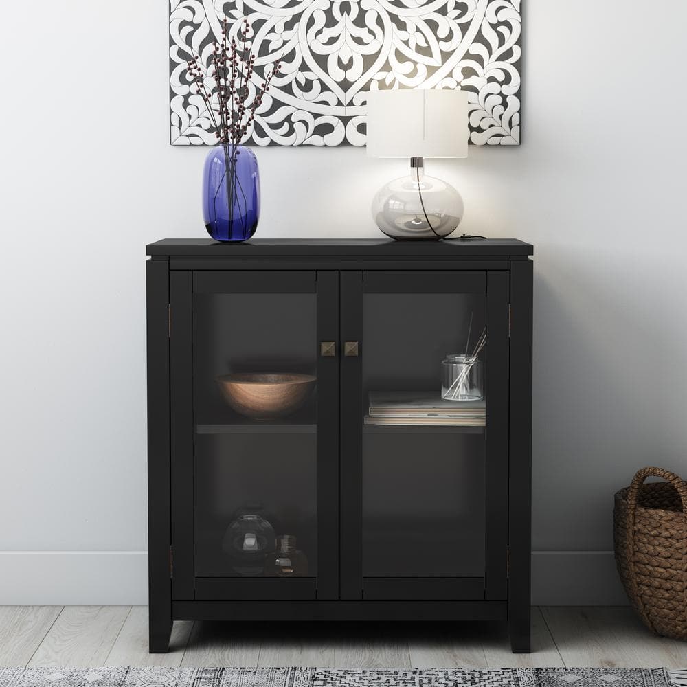 Black Solid Wood Low Storage Cabinet with Glass Doors
