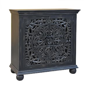 37" in. H Bree Black distressed Mango Wood Rectangle Storage Cabinet with Two Door