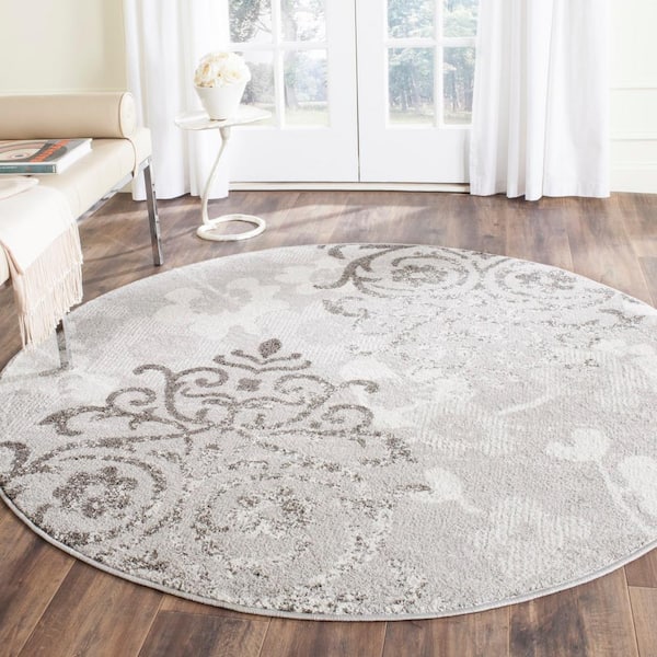 Adirondack Silver/Ivory 10 ft. x 10 ft. Floral Damask Round Area Rug