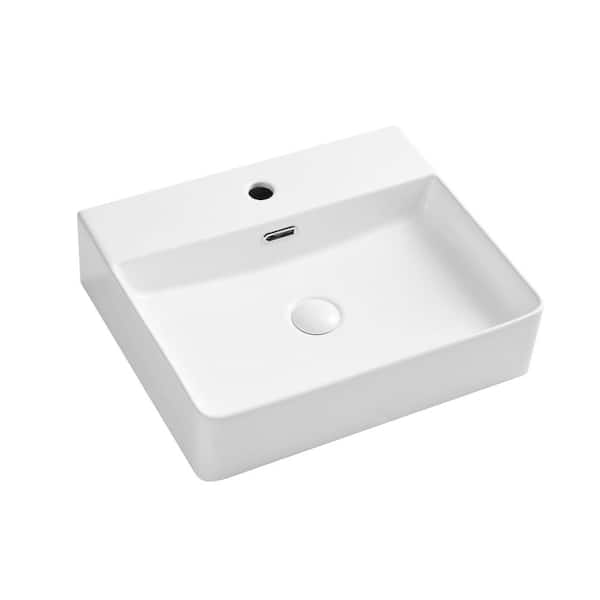VANITYFUS 19.68 in. x 16.53 in. Art Ceramic Rectangular Vessel Sink Above Counter in White with Drain