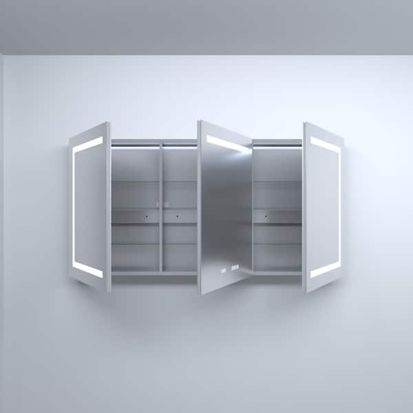 60 in. W x 30 in. H Rectangular Silver Aluminum Recessed/Surface Mount Medicine Cabinet with Mirror, LED and Clock
