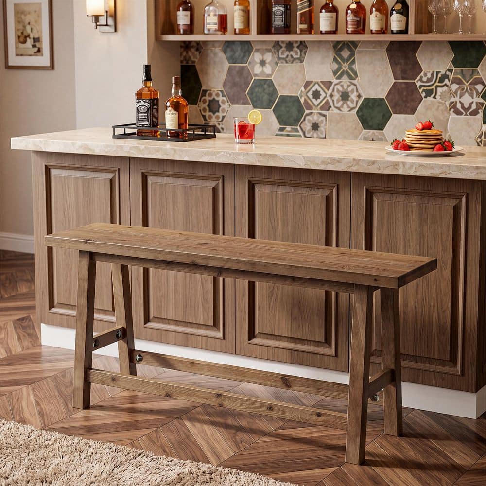 25.59 in. H Rustic Brown Counter Backless Solid Wood Bar Stool with Footrest, Bench without Cushion Seats 2 for Home