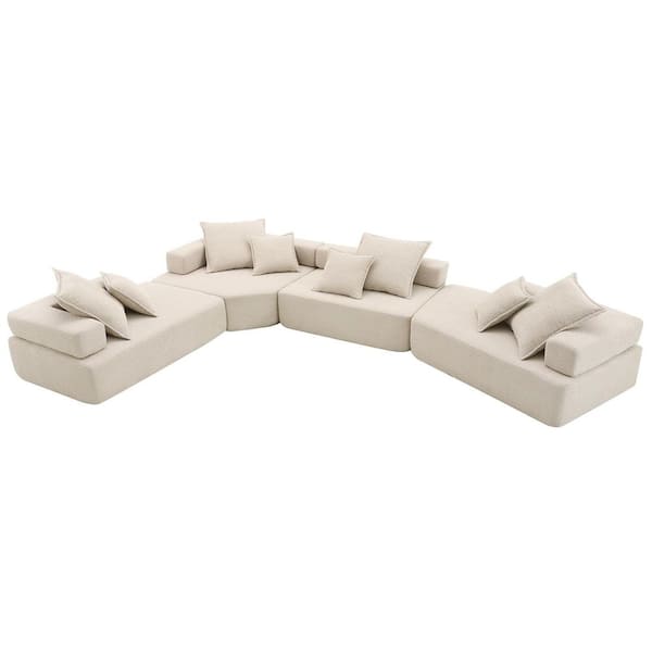 156 in. 4-piece Boucle Fabric Convertible Compressed Sectional Sofa in Beige