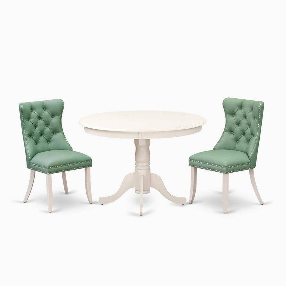 3-Piece Linen White Finish Solid Wood Top-Round Upholstered Dining Room Set-Seats 4