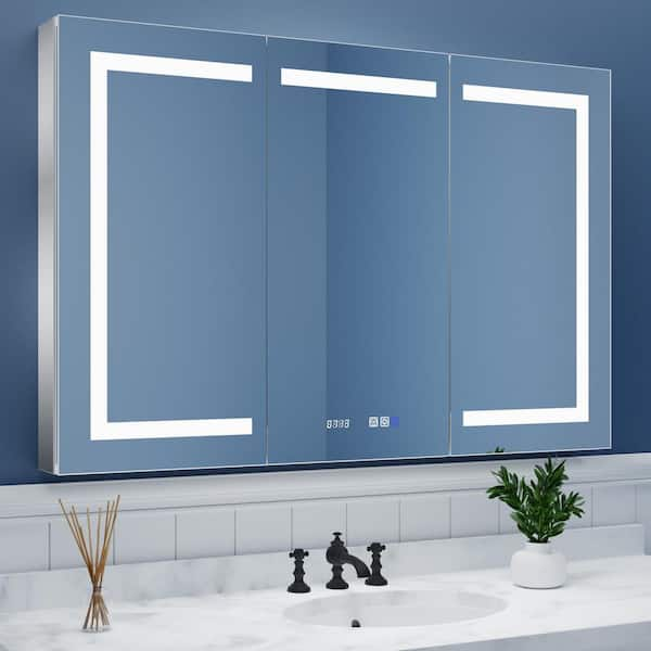 48 in. W x 32 in. H Rectangular Silver Aluminum Recessed/Surface Mount Medicine Cabinet with Mirror LED and Clock