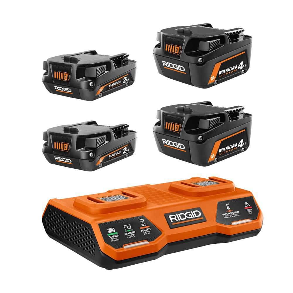 RIDGID 18V Starter Kit with 2Ah MAX Output Battery, 4Ah MAX Output Battery, and Dual Port Charger (AC86095KSB1)