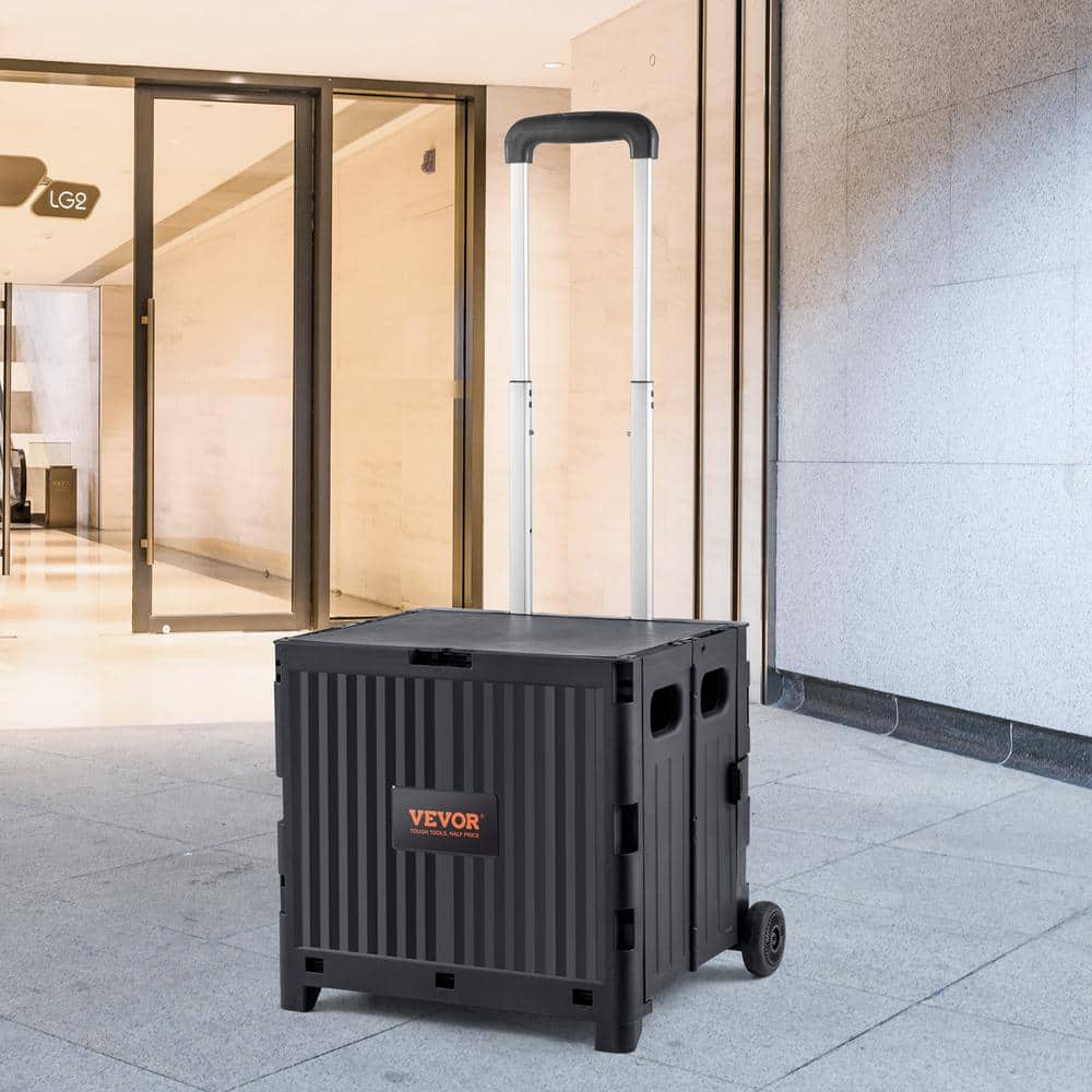 Black Polypropylene Folding Portable Rolling Handcart with Telescoping Handle