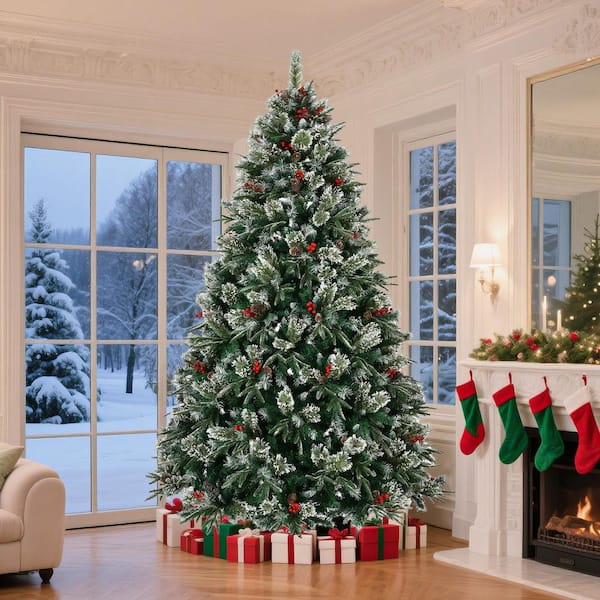 8 ft. Green PVC Pre-Decorated Snow Frosted Artificial Christmas Tree with 1550 Branches Tips, Pinecones, Berries