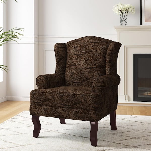 Mid-Century Retro Style Cranberry Linen Upholstered Wingback Arm Chair with Wooden Legs (Set of 1)