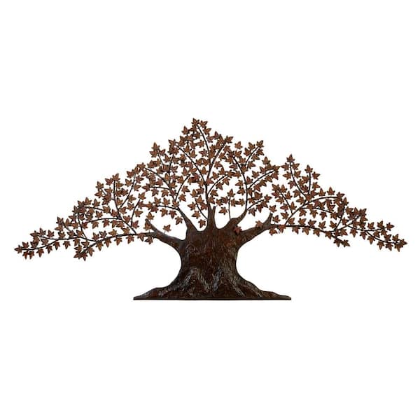Litton Lane 92 in. x  1 in. Metal Dark Brown Indoor Outdoor Tree Wall Decor with Leaves