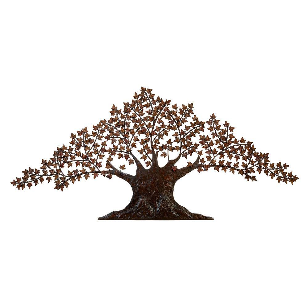 Dark Brown Metal Tree Wall Sculpture with Leaves
