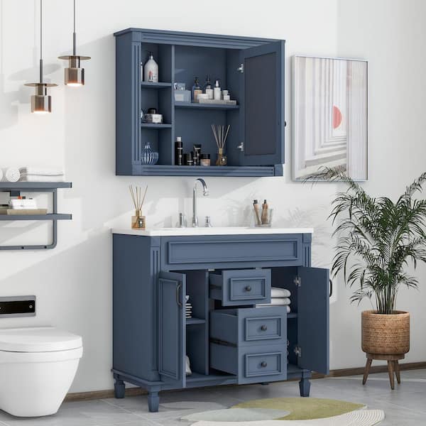 36 in.W X 18 in.D X 34 in.H Royal Blue Bath Vanity w/ White Ceramic Sink Mirror Cabinet Single Sink 2-Doors and Drawers