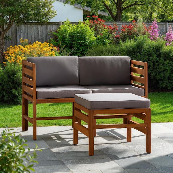 Walker Edison Furniture Company Brown Acacia Wood Modular Left and Right Arm Outdoor Sectional Chairs and Ottoman with Gray Cushions
