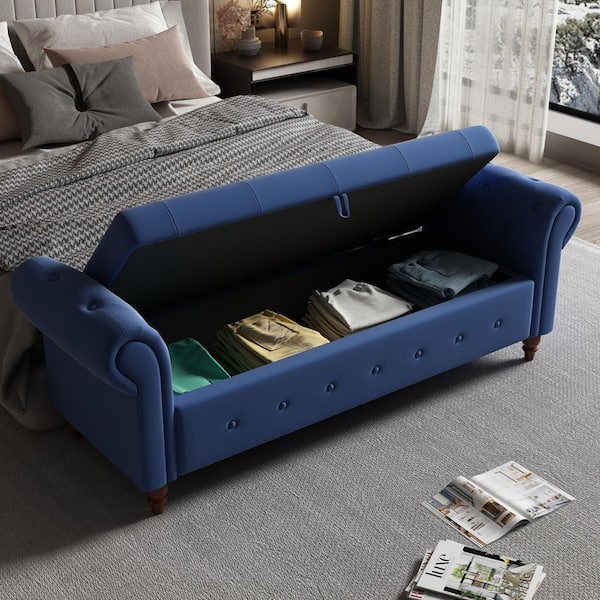 63 in. Navy Blue No-Tool Assembly Tufted End of Bed Bench with Storage, 500 lbs. Capacity