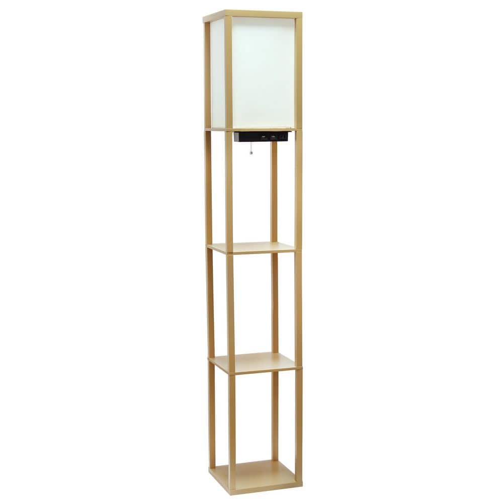 Tan Wood Floor Lamp with Shelves and Linen Shade