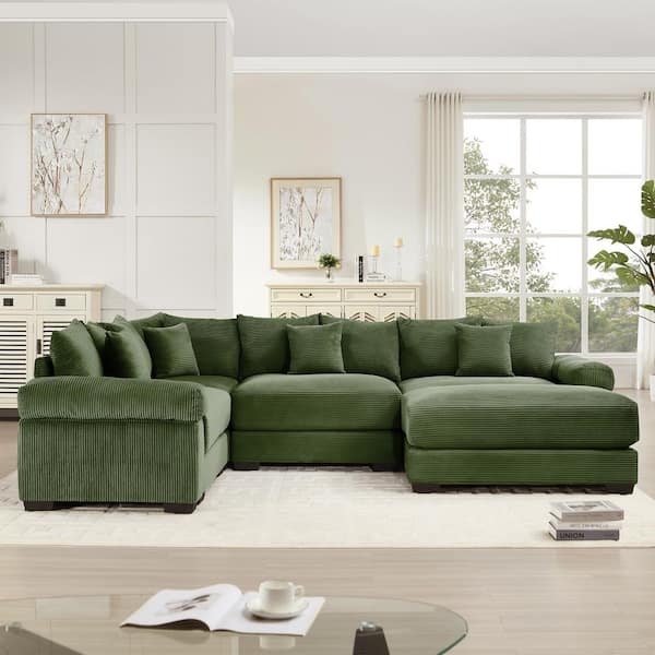 DDSMYS 116.9 in. Straight Arm 5-Piece Corduroy Modular Sectional Sofa with Ottoman and Ergonomic Design in Olive Green