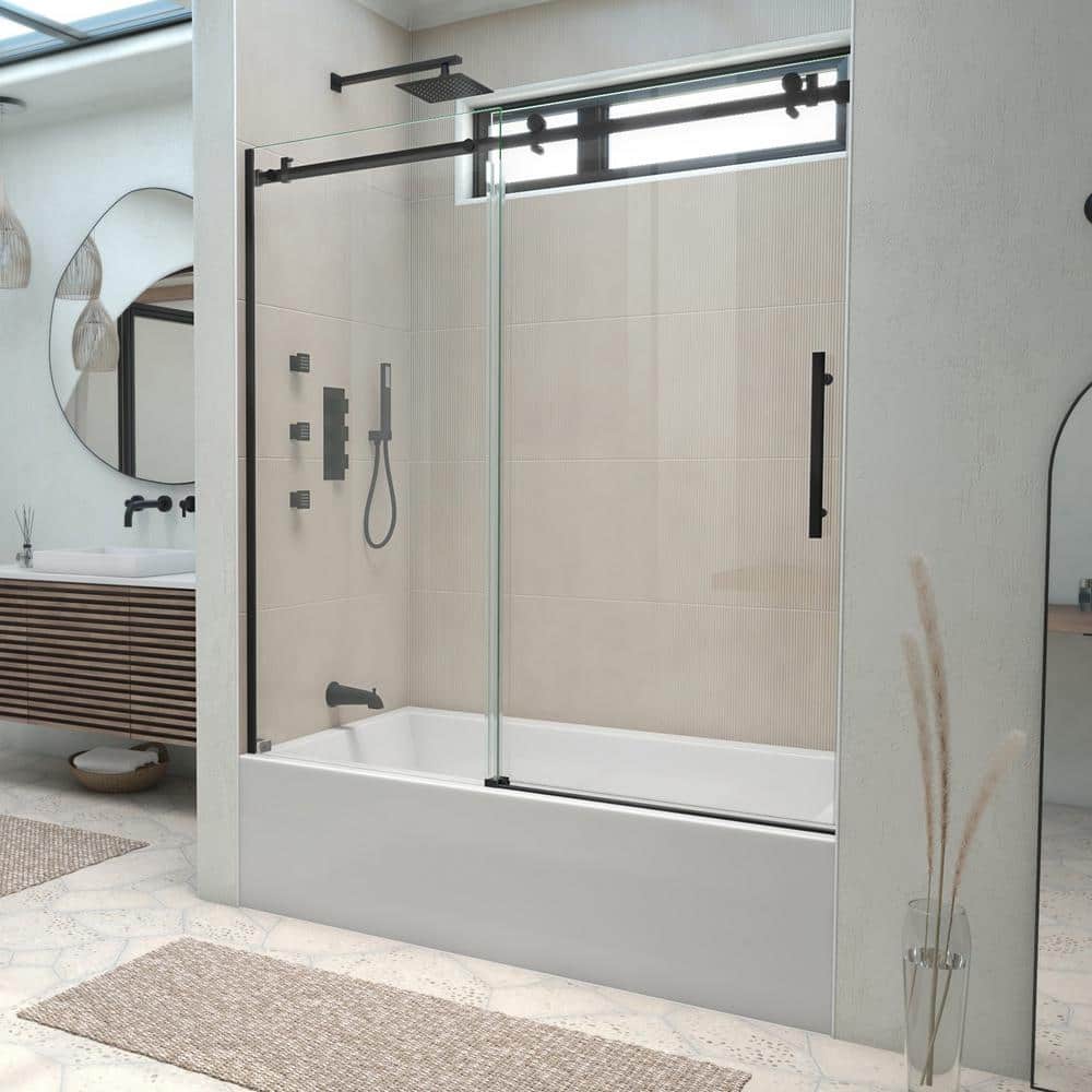 Matte Black Frameless Sliding Tub Door with Clear Glass